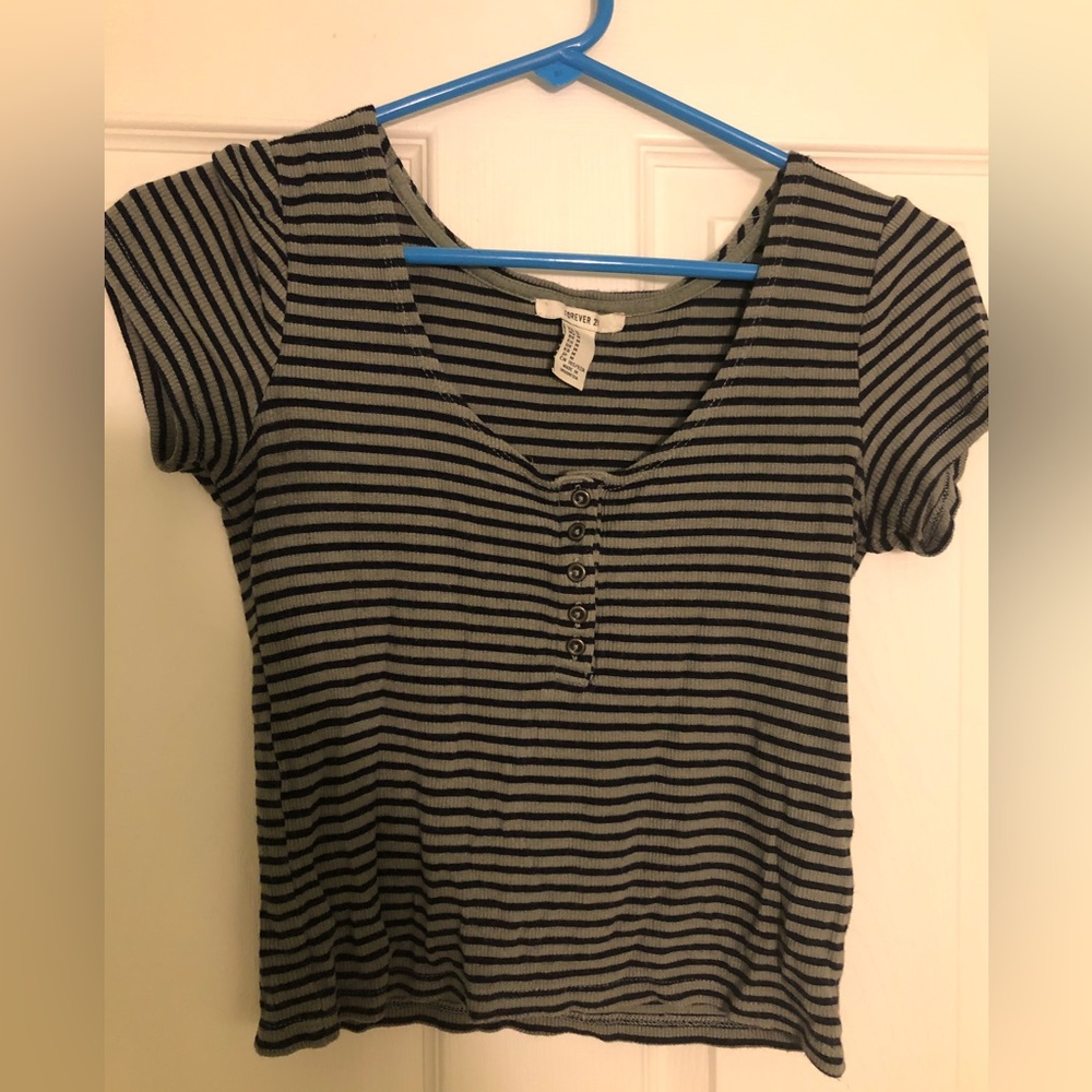 F21 Olive & Black Stripe Short Sleeve Ribbed Crop Top with Front Buttons